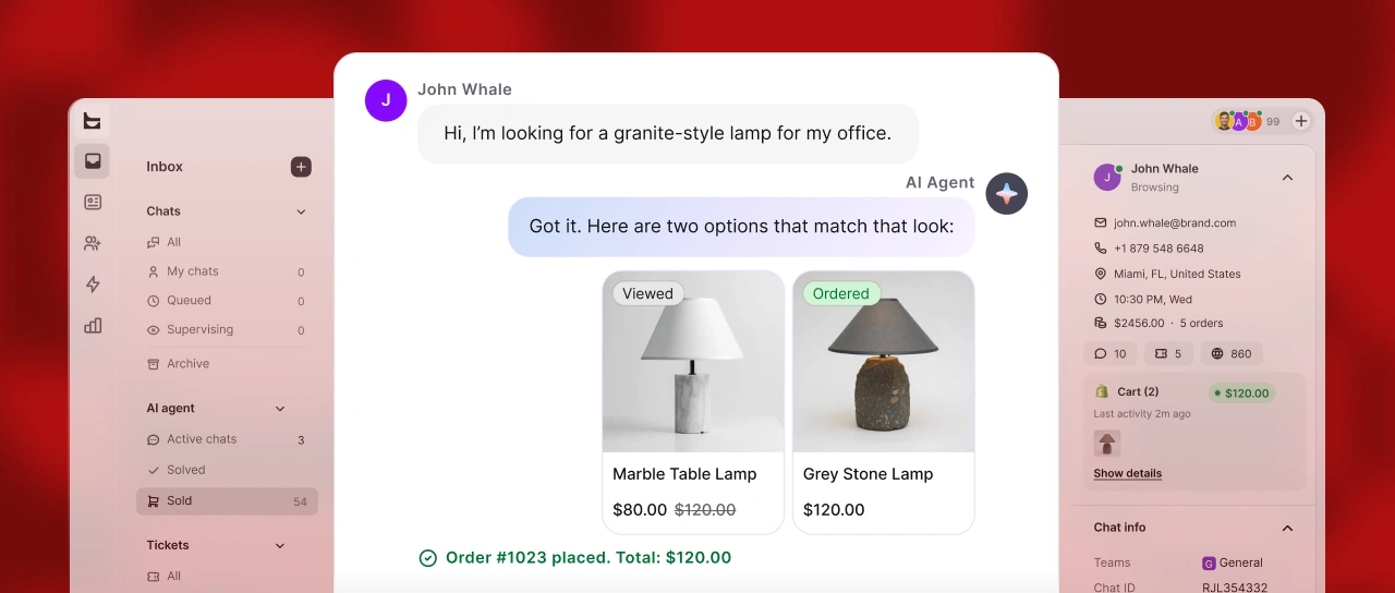 Text AI customer support dashboard recommending granite-style table lamps and confirming a customer order.