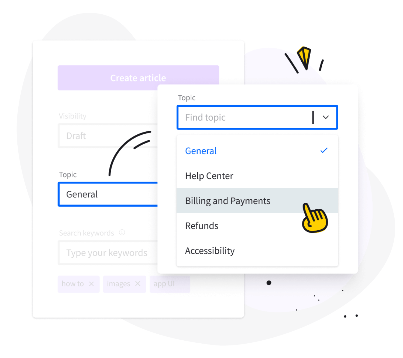 KnowledgeBase application view with customer topic feature pick options list